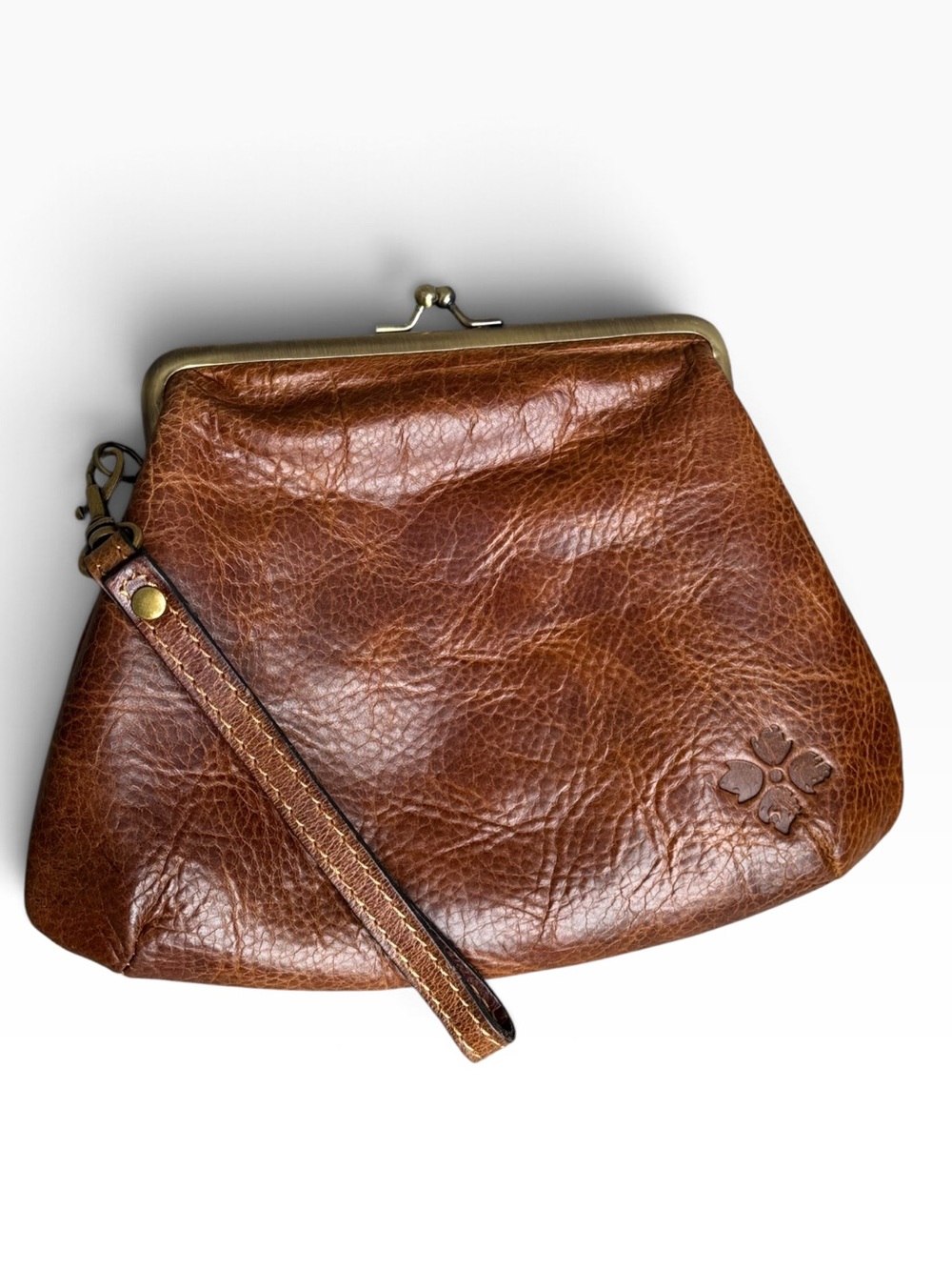 Patricia Nash Savena Brown Leather Kiss Lock Wristlet Clutch Like New
